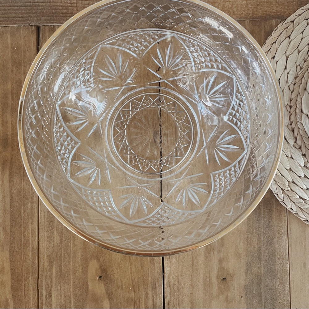 Vintage Mid-Century Etched Glass Bowl Gold Rim